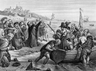 An engraved illustration of the Pilgrim Fathers leaving England, from a Victorian book dated 1886 that is no longer in copyrigh