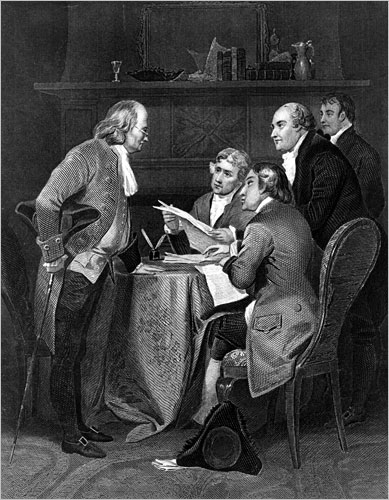 Caption: The committee chosen to draft a declaration of independence for the 13 North American British colonies is shown at work in this 19th century engraving. The five members are, from left, Benjamin Franklin, Thomas Jefferson, John Adams, Philip Livingston and Roger Sherman. On July 1, 1776, the committee submitted their draft to the Continental Congress, which voted on July 2 for final separation, and approved and formally adopted the Declaration of Independence on July 4. (© AP Images)